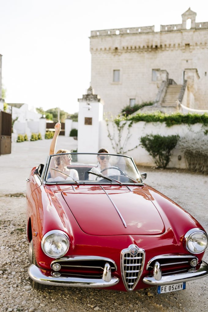 vintage red car in puglia for wedding